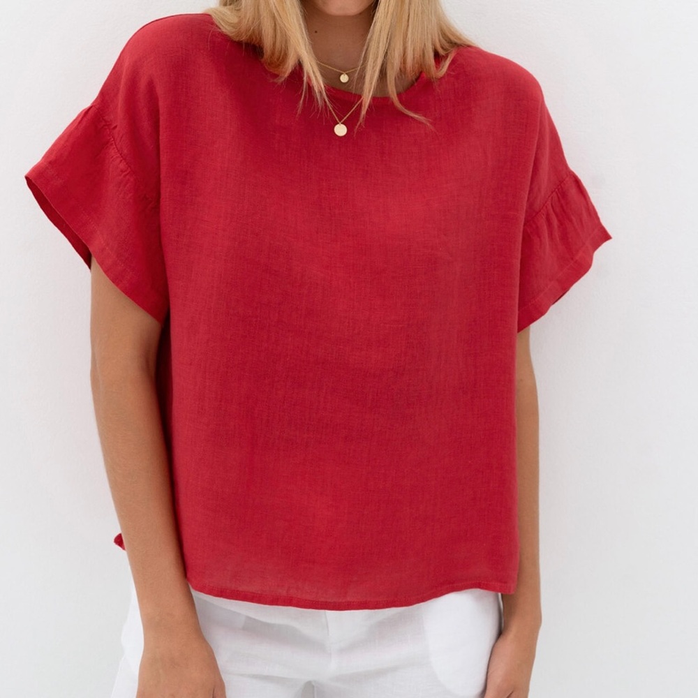 Humidity Cabana Top Women’s M/L Pomegranate Pink Lagenlook Linen Boxy Loose Fit